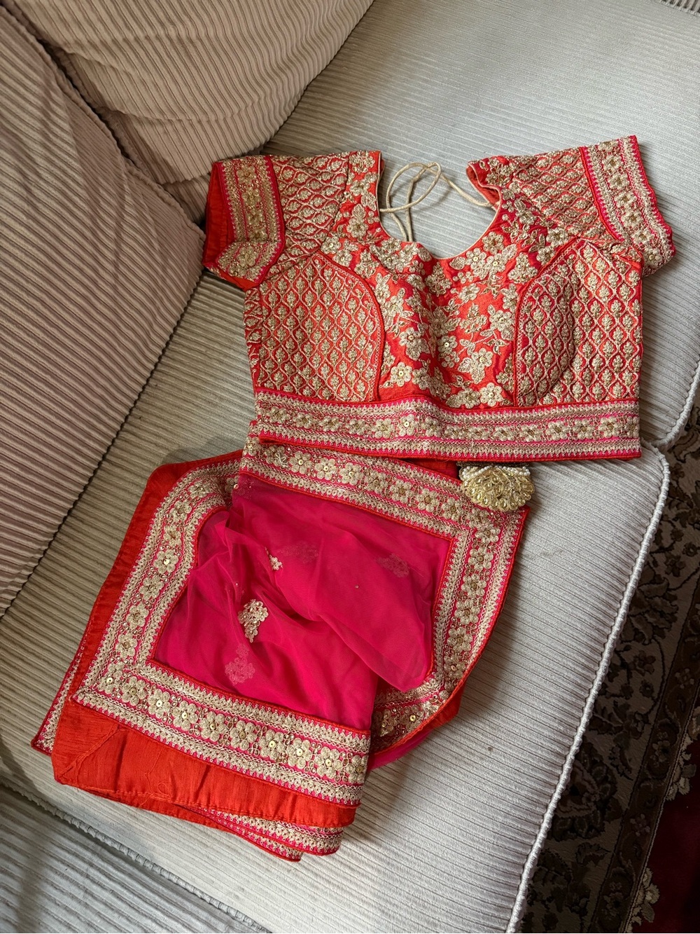 Orange and Pink Embroidered Lehenga Choli